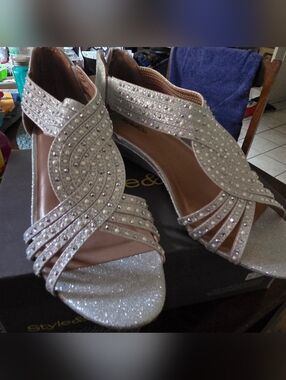 Women's Style & Co Ginifur Embellished Strappy Wedge Sandals Silver Pearl